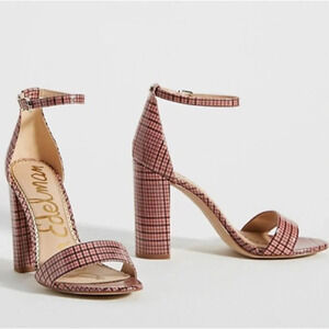Anthropologie Sam Edelman Yaro Daniella Plaid Block Heels Sandals Straps Pink